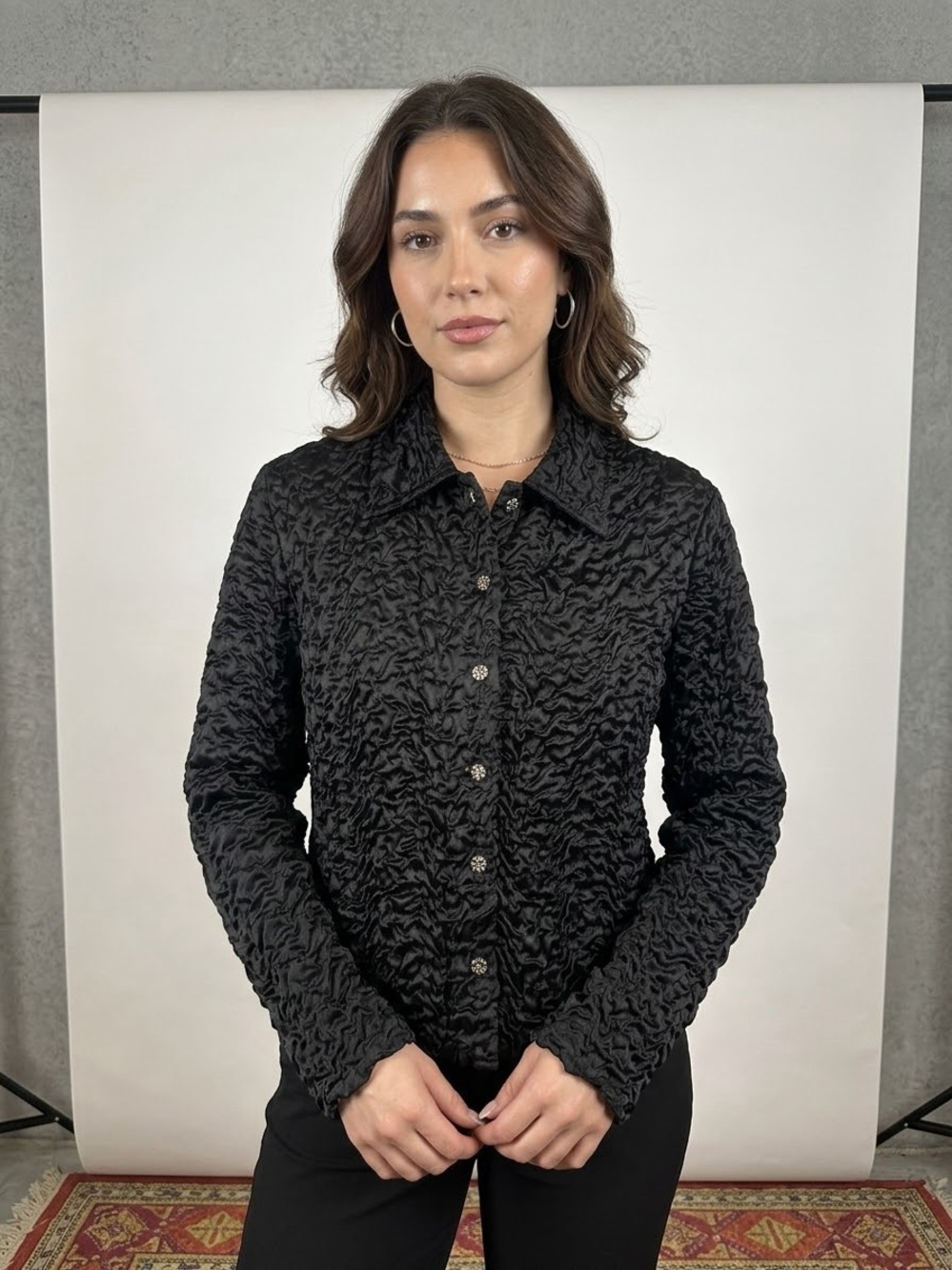 Ribkoff Trends Black Crinkle Jacket Floral Gold Buttons Textured Blouse M